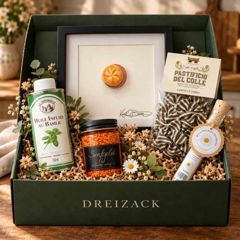 Geöffnete dunkelgrüne Dreizack Mystery Box Mittel mit Miniaturbild Leberkässemmerl, Farfalle-Zebra-Pasta, Senfkaviar, Basilikumöl und Gänseblümchensalz