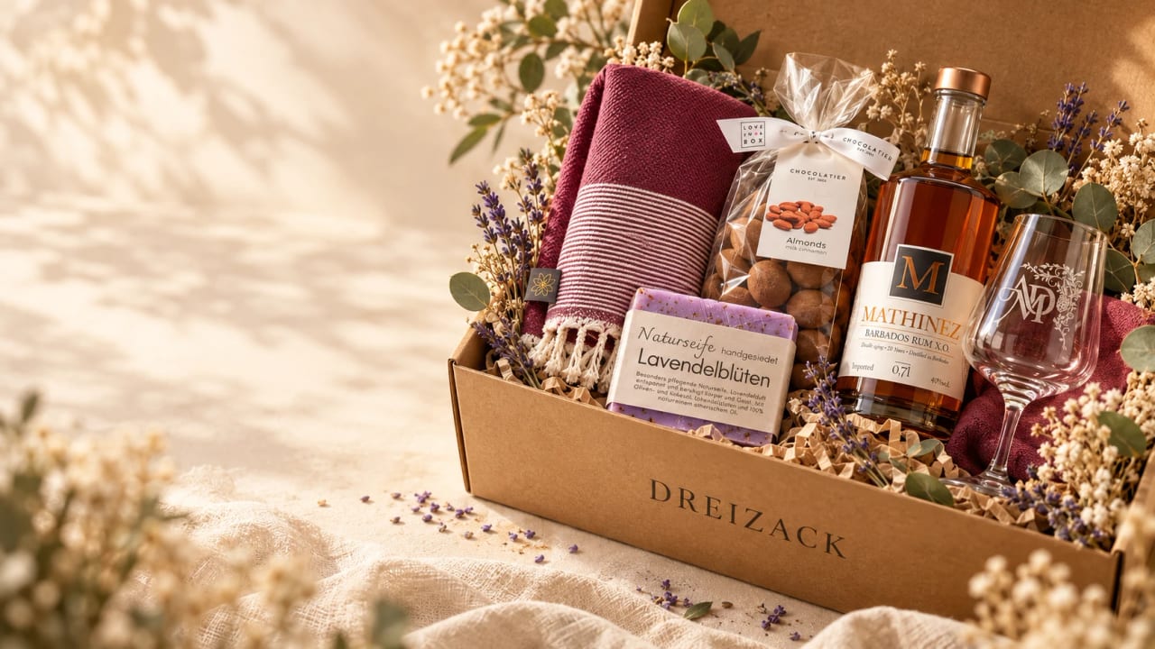 Geöffnete Dreizack Mystery Box aus Kraftkarton mit Lavendel-Naturseife, Schokomandeln, Rum, graviertem Glas und gestreiftem Tuch zwischen Trockenblumen und Eukalyptus