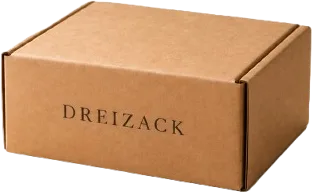 Kleine Dreizack Mystery Box aus naturbraunem Kraftkarton mit Dreizack-Schriftzug