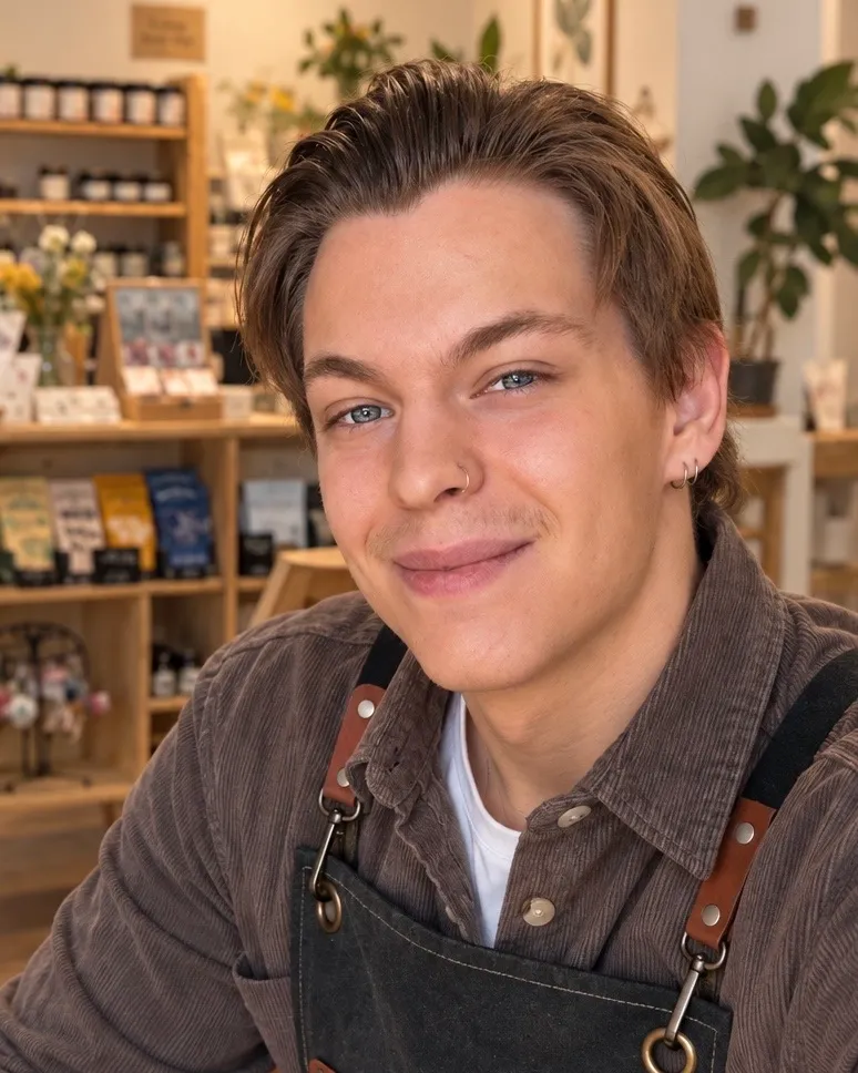 Dominik Kögler, Gründer von Dreizack Wien, lächelnd in Schürze im Geschäft in der Josefstadt