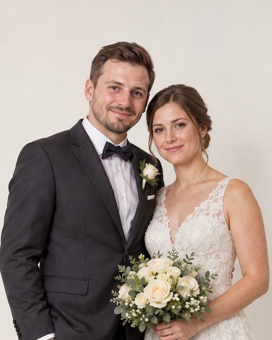 Hochzeitsfoto: Bräutigam im dunklen Anzug mit Fliege, Braut im Spitzenkleid mit weißem Rosenstrauß