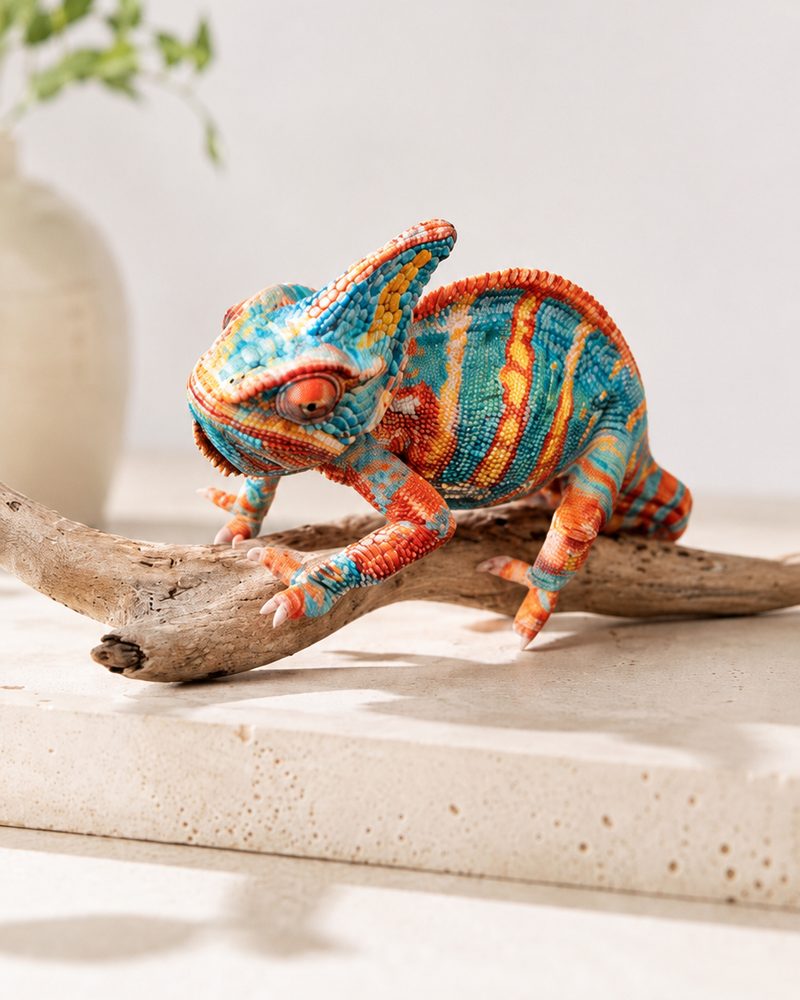 Vollfarbig 3D-gedrucktes Chamäleon in Türkis, Orange und Gelb auf einem Ast