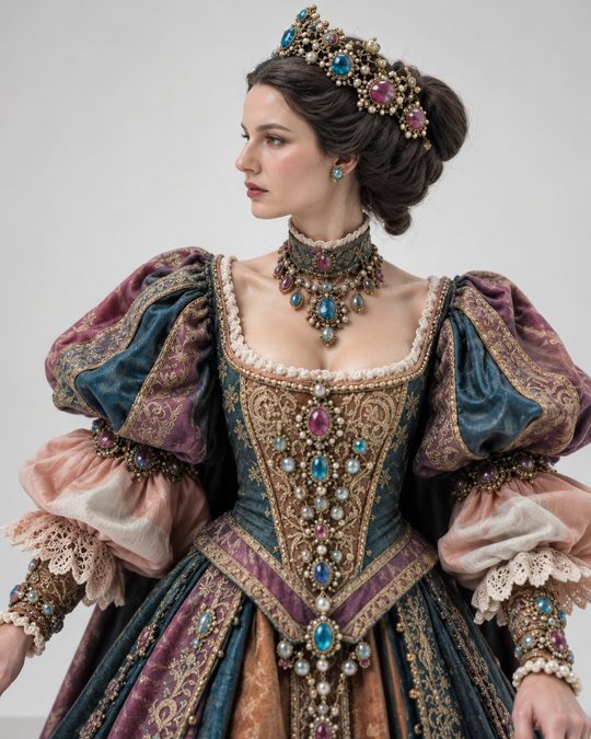 Porträtfoto einer Frau im Renaissance-Kleid mit Krone, Perlenstickerei und farbigen Steinen