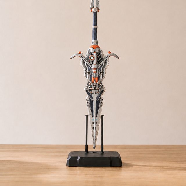 Vollfarbig gedrucktes Science-Fiction-Schwert in Silber, Dunkelblau und Orange auf einem Ständer